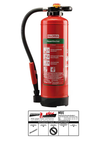 Gloria Feuerlöscher SK 6 Pro, 6l AB Schaumlöscher Halterung u. Plakette